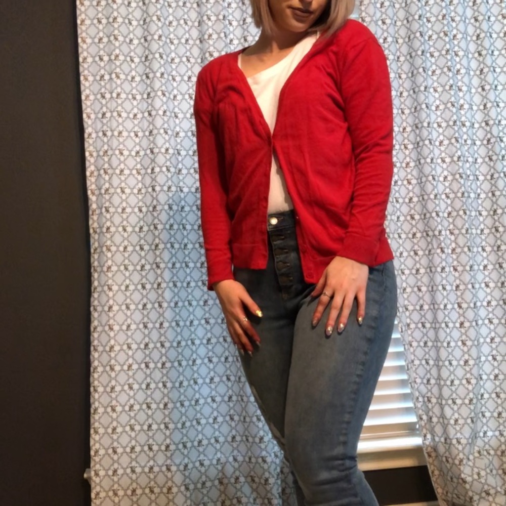 Red throw over button up shirt!